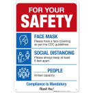 Safety Mask Required 6 Ft Apart Limited Capacity Compliance Mandatory Sign, With Symbol