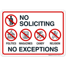 No Soliciting No Politics Magazines Candy Religion No Exceptions Sign