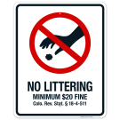 Colorado No Littering Sign, No Littering Minimum $20 Fine Sign